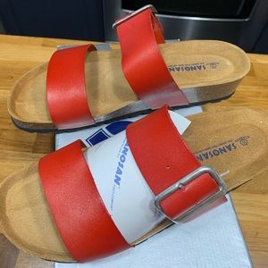 Red slide sandals, size 42